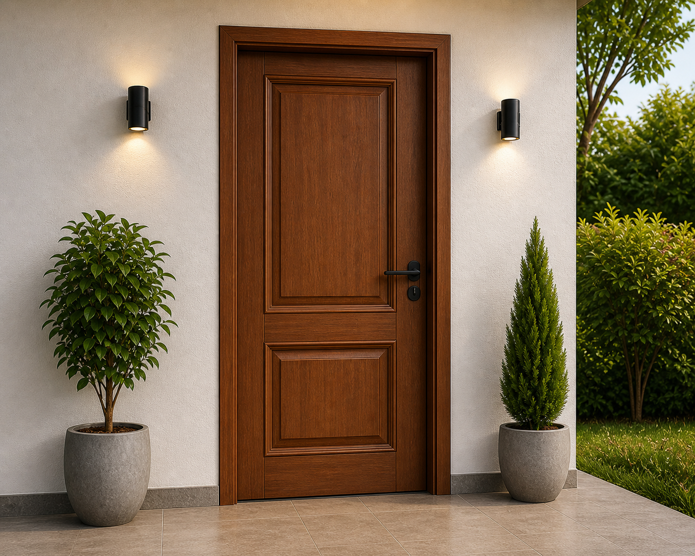 Classic style fiber door with natural wood-grain finish for main entrance in Coimbatore