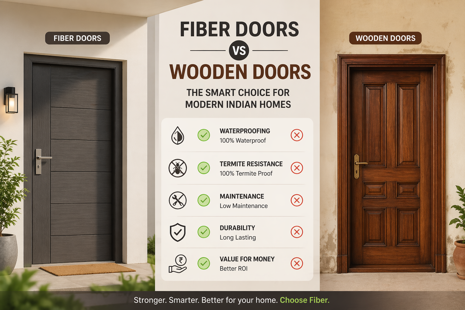 Fiber door versus wooden door side-by-side comparison highlighting durability and termite resistance for Indian homes